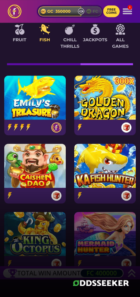 Fortune Coins Mobile Game Library A screenshot of the mobile casino games library page for Fortune Coins