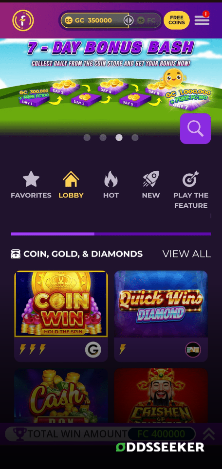 Fortune Coins Mobile Login Screen A screenshot of the mobile login page for Fortune Coins